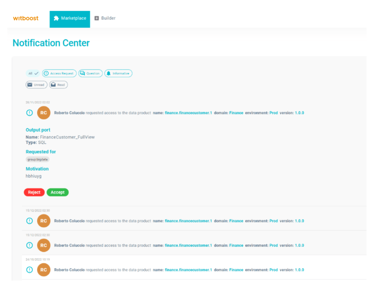 View of Witboost's UI showing the Change Management Helper within the Data Product Marketplace.